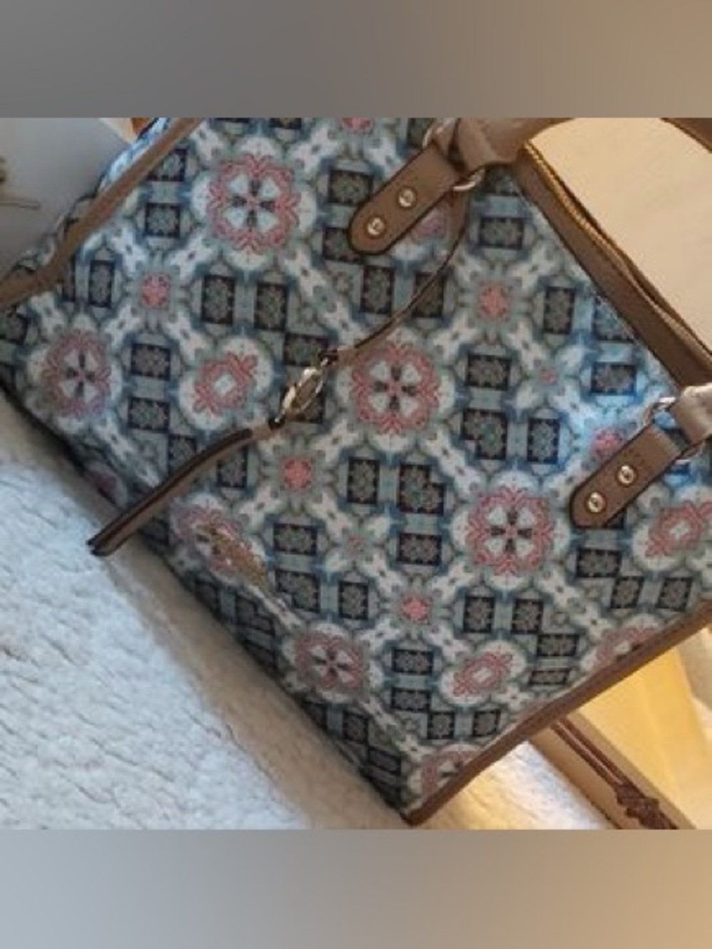 libby. edelman Blue & Pink Mosaic Tote with Tan Trim